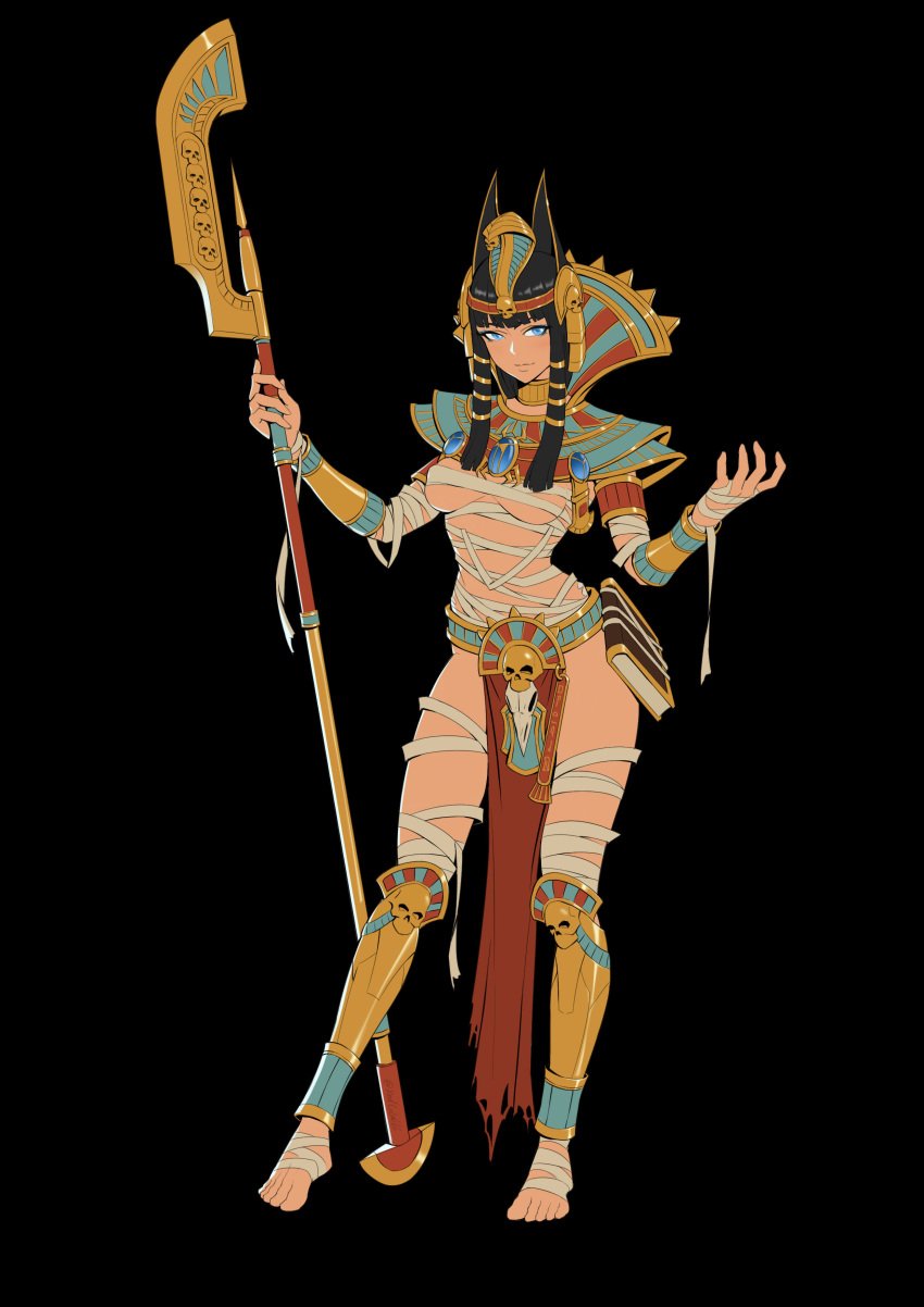 1girls armor barefoot black_background black_hair blue_eyes blunt_bangs bracers breasts egyptian egyptian_clothes egyptian_female egyptian_headdress female female_only genderswap_(mtf) glaive gold_(metal) gold_bracers gold_jewelry halberd helmet hime_cut holding_weapon human humanized loincloth long_hair melee_weapon mummy_wrappings polearm redcola666 royalty rule_63 settra shin_guards simple_background skimpy skimpy_clothes solo solo_female tomb_kings total_war:_warhammer underboob warhammer_(franchise) warhammer_fantasy weapon wrappings