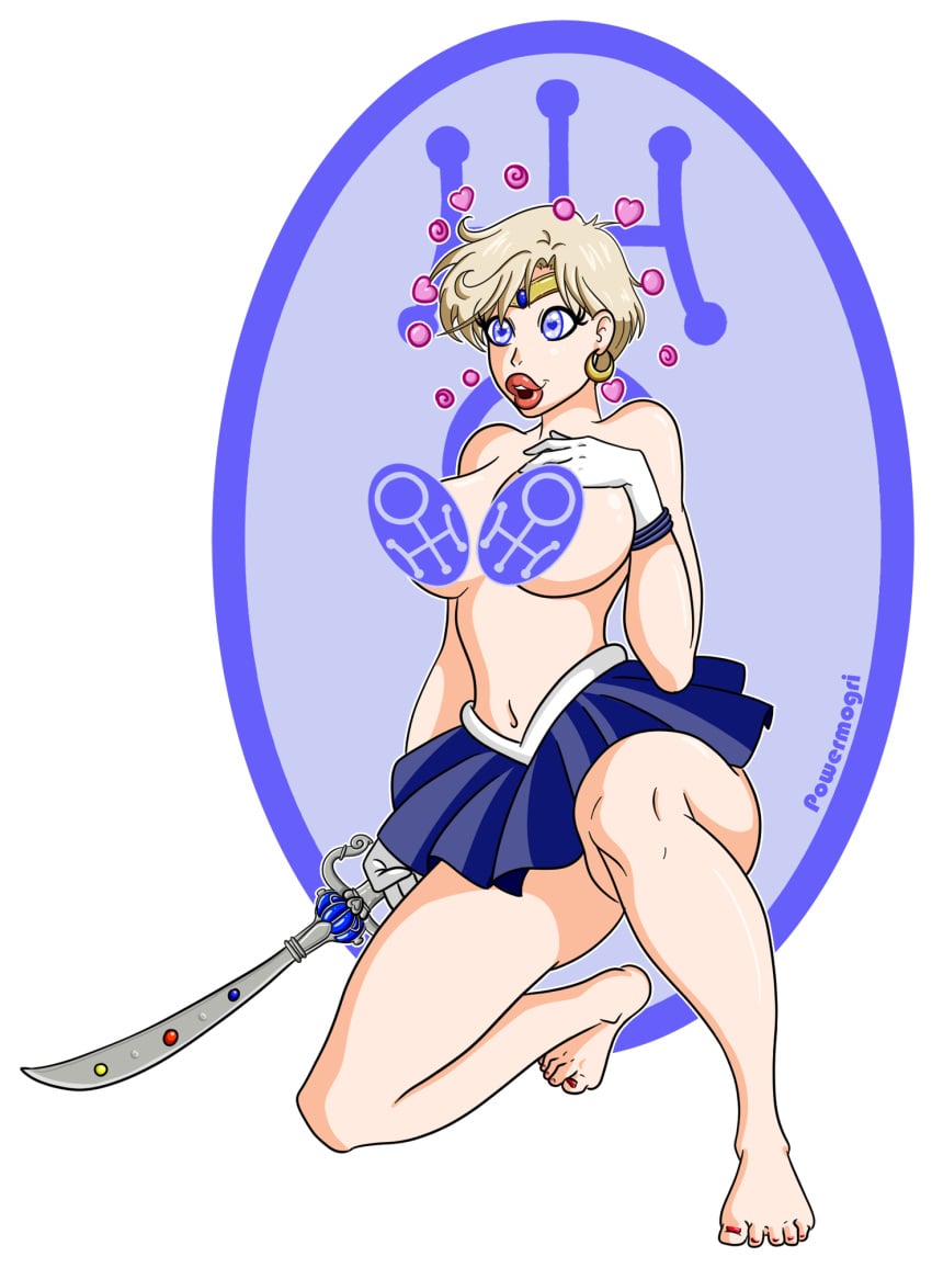 bimbofication bishoujo_senshi_sailor_moon blonde_hair breasts clothing corruption erect_nipples female_only femsub happy_trance haruka_tenou huge_breasts large_breasts open_mouth powermogri sailor_uranus skirt sword symbol_in_eyes topless