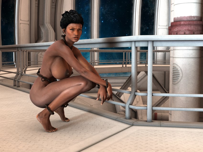 1girls 3d black_hair bondage completely_nude completely_nude_female crabbyoldman dark_skin dark_skinned_female large_breasts nude nude_female original shackled_ankles shackled_wrists shackles slave slavegirl