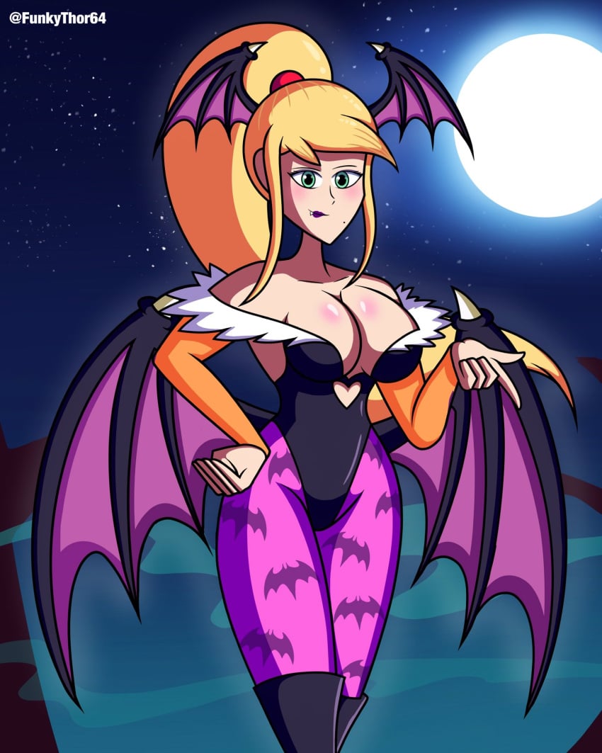 aqua_eyes bat_wings blonde_hair breasts capcom cleavage cosplay crossover curvaceous darkstalkers female funkythor64 hand_on_hip inviting large_breasts leotard lipstick long_hair metroid milf mole moon morrigan_aensland morrigan_aensland_(cosplay) night nintendo pantyhose ponytail revealing_clothes samus_aran seductive seductive_look seductive_smile skimpy_clothes solo tagme thighhighs wings