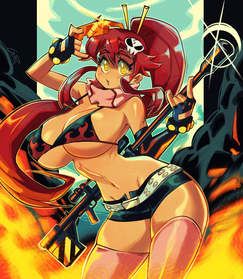 1girls ass bikini_top breasts busty child_bearing_hips curvaceous curvy detailed_background female female_focus female_only fingerless_gloves gerph gloves gun huge_ass huge_breasts long_hair navel ponytail red_hair short_shorts shorts solo solo_female tengen_toppa_gurren_lagann thick thick_ass thick_thighs thighhighs thin_waist voluptuous weapon wide_hips yellow_eyes yoko_littner