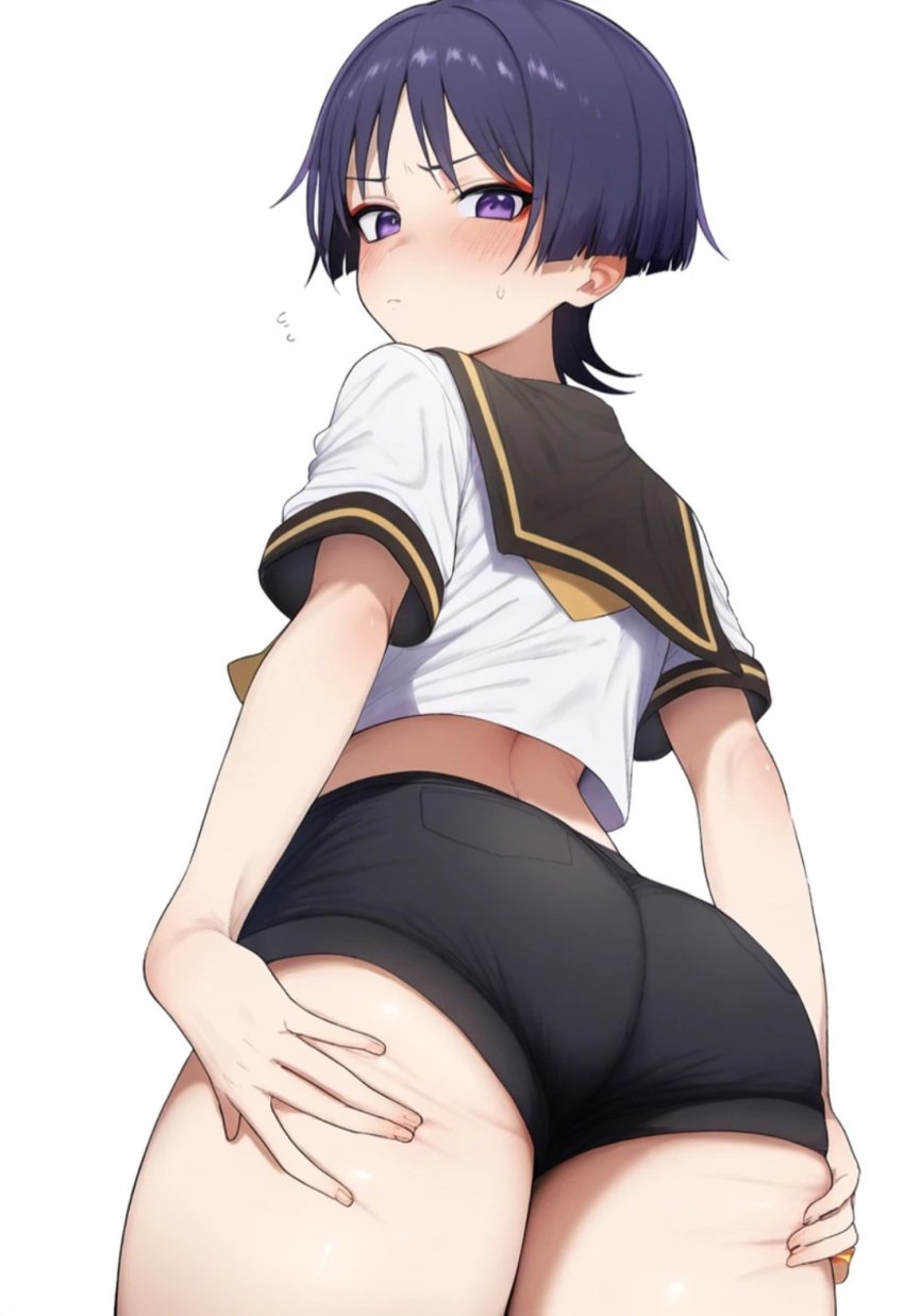 1boy ai_generated big_ass blush cosplay curvy femboy indigo_hair kagamine_rin kagamine_rin_(cosplay) looking_at_viewer male_only pout purple_eyes scaramouche_(genshin_impact) spreading_own_ass thick_thighs tight_shorts twink vocaloid