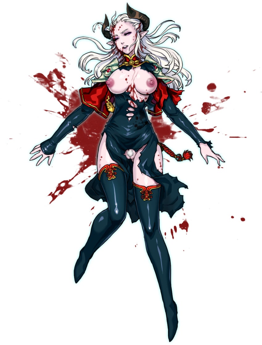 1girls ajiela_(dsr) blood breasts damaged_clothes death devil_slayer_-_raksasi large_breasts nipples no_sex nude_edit nude_filter oni oni_female oni_horns pussy pussy_hair tagme white_background