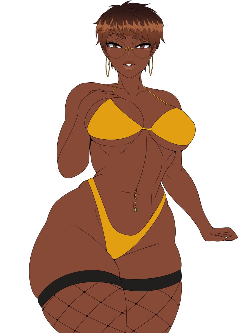 abs big_breasts breasts brown_eyes brown_hair curvy dark_skin demon_dog earrings fishnets fit_female glasses thick thick_thighs thighhighs thighs tomboy voluptuous voluptuous_female wide_hips