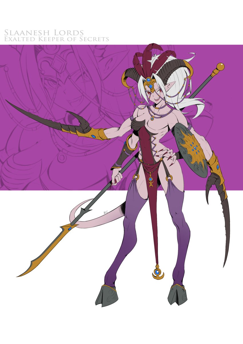 breasts choker demon demon_girl four_arms hooves horn horns keeper_of_secrets long_fingernails long_hair long_nails red_eyes redcola666 sharp_fingernails sharp_nails shield skimpy skimpy_clothes slaanesh smile smiling solo spear total_war:_warhammer warhammer_(franchise) warhammer_fantasy weapon white_hair