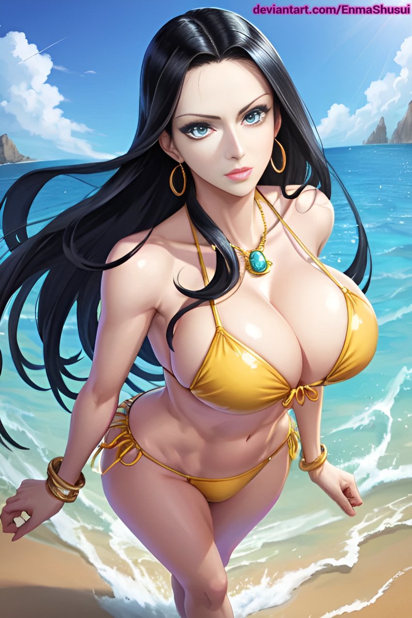 1girl 1girls ai_generated amazonian anime anime_style ass athletic athletic_female beach belly belly_button big_breasts bikini bikini_bottom bikini_top black_hair blue_eyes boa_hancock bracelet bracelets breasts busty cloud clouds curvaceous curvy curvy_body curvy_female curvy_figure dark_hair enmashusui fanart female female_only frilled_bikini front_view gold_(metal) gold_jewelry hourglass_figure island jewelry lace-trimmed_bra lace-trimmed_panties lace_bra lace_panties lace_trim light-skinned_female light_skin lingerie long_hair looking_at_viewer milf one_piece panties pinup pose posing post-timeskip seaside sky smile smiling smiling_at_viewer standing thick_legs thick_thighs tight_fit toned toned_belly toned_body toned_female toned_stomach two_piece_swimsuit underwear voluptuous voluptuous_female yellow_bikini yellow_thong