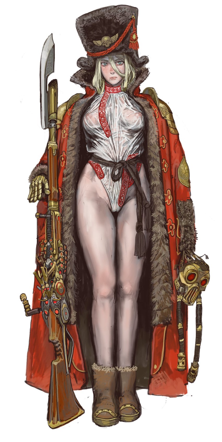 1girls astra_militarum bare_legs blonde_hair blue_eyes boots breasts cameltoe coat female female_only guardswoman_(warhammer_40k) gun half-dressed hat hips imperial_guard imperium_of_man leotard long_hair looking_at_viewer mossa see-through_clothing solo standing vostroyan_firstborn warhammer_(franchise) warhammer_40k wet_clothes white_background wide_hips winter_clothes