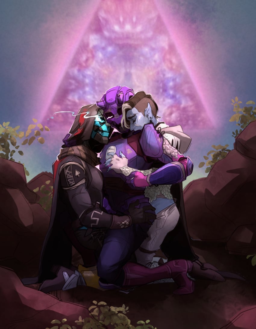 3boys awoken cayde-6 cloak clothed clothed_sex clothing crow_(destiny_2) cuddling destiny_(game) destiny_2 exo gay glowing_eyes guardian_(destiny) hood hunter_(destiny) lavenderarts male male/male male_only original_character penis tagme