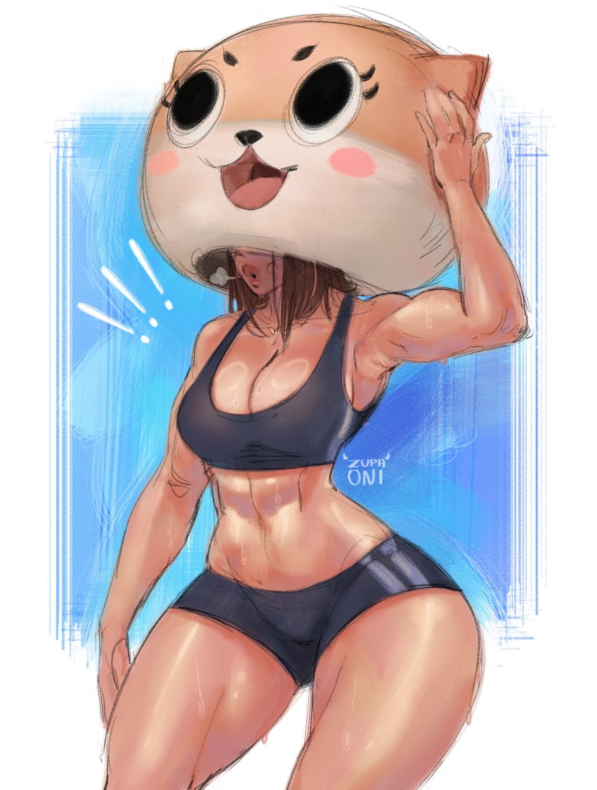 abs alien_hips armpit armpit_crease armpits brown_hair brunette_hair chiitan child_bearing_hips costume fit fit_female hips hot_and_bothered internet_celebrity internet_personality light-skinned_female light_skin mascot mascot_costume mascot_head mask masked masked_female shorts sports_bra sweat sweating sweaty thick thick_thighs thighs toned toned_female toned_stomach white_background wide_hips zupaoni