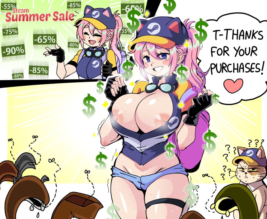 1girls big_breasts blue_eyes blue_hair blush cat_ears fingerless_gloves goggles hat heart lewdamone long_hair looking_at_viewer nipples open_mouth open_shirt partially_clothed pink_hair ponytail presenting smile standing steam steam_delivery_girl sweat text thick_thighs valve valve_(company) wallet wholesome