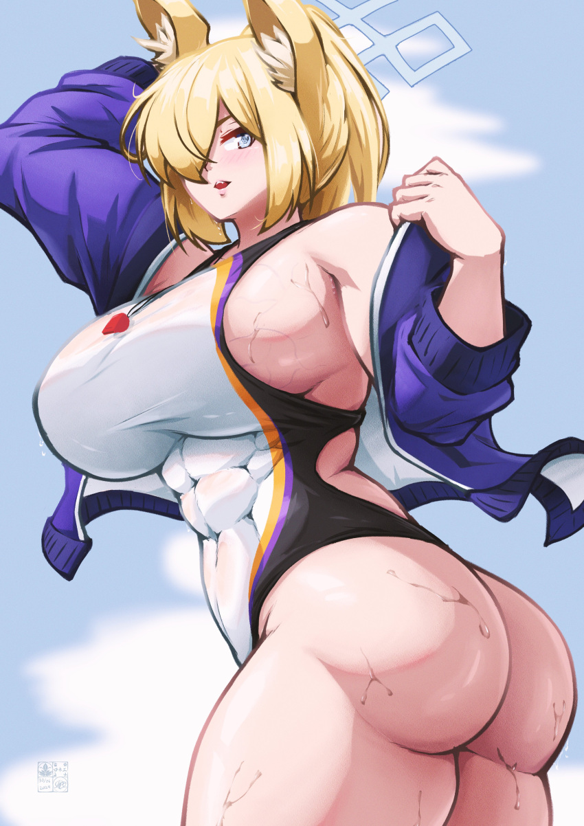 abs blonde_hair blue_archive kanna_(blue_archive) large_breasts muscular_female roneesan swimwear