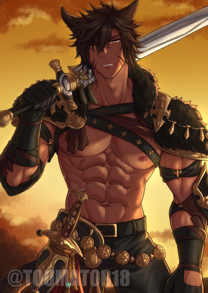 1boy abs brown_hair bulge cat_ears facial_markings final_fantasy final_fantasy_xiv gloves holding_object holding_weapon looking_at_viewer male male_only miqo'te muscular muscular_arms muscular_chest nipples pants pecs serious solo solo_male standing straps sweat sword tail toumator18 weapon_over_shoulder