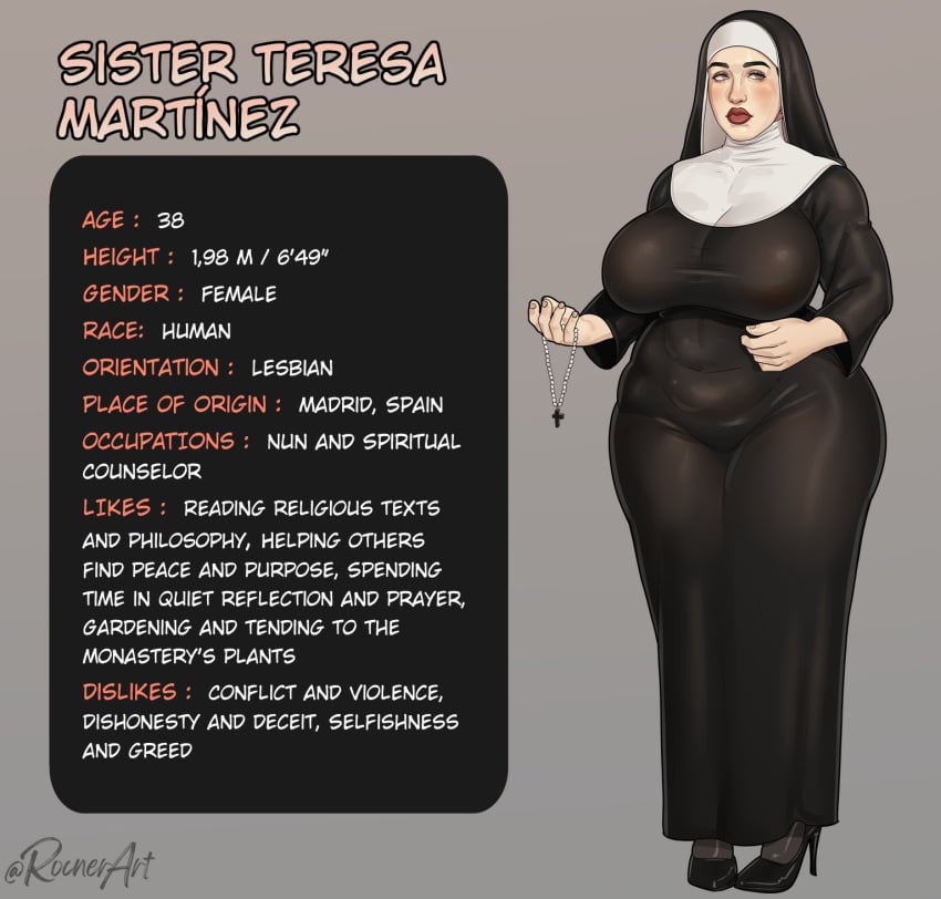 1female 1girls bbw big_breasts big_butt breasts character_profile character_sheet clothed_female fat_ass female female_focus high_heels huge_breasts latina mature_female measurements model_sheet nun oc original original_character overweight_female rocner solo teresa_martínez_(rocner) text text_box venus_body voluptuous voluptuous_female