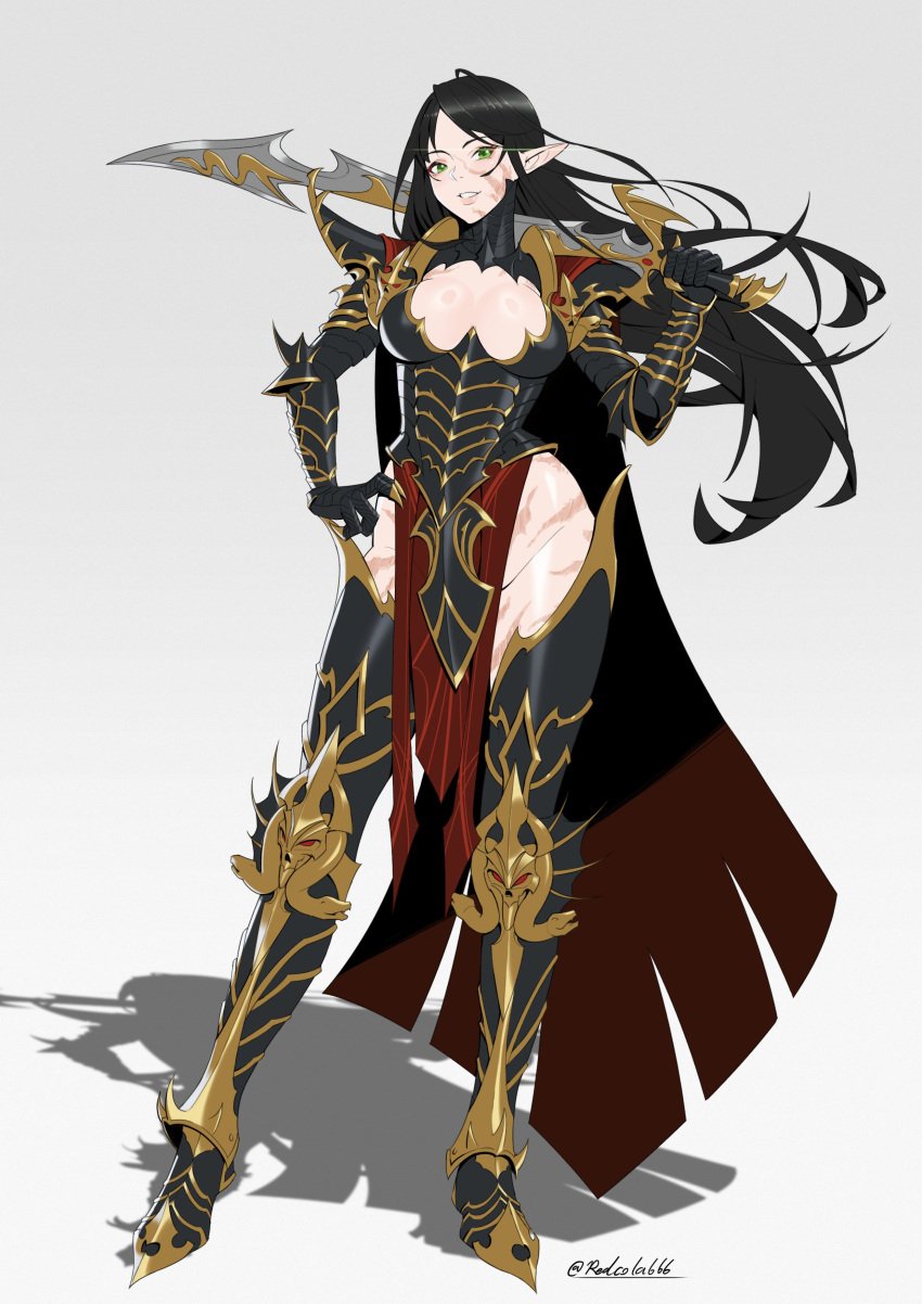 armor armored armored_boots armored_dress armored_female big_breasts black_hair breasts burn_scar cape cleavage dark_elf druchii elf elf_ears female fully_clothed genderswap_(mtf) green_eyes hand_on_hip long_ears long_hair malekith pointy_ears redcola666 revealing_clothes rule_63 scar scars smile smiling solo solo_female sword total_war:_warhammer warhammer_(franchise) warhammer_fantasy weapon