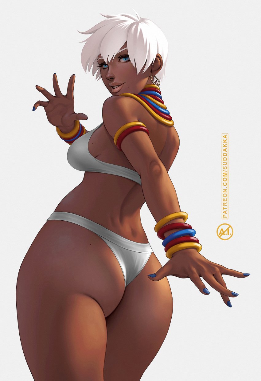 1girls african african_female ass big_ass big_breasts big_butt blue_eyes breasts bubble_ass capcom capoeira dark-skinned_female dark_skin dumptruck_ass elena_(street_fighter) from_behind from_behind_position looking_at_viewer looking_back looking_back_at_viewer princess revealing_clothes short_hair silver_hair street_fighter street_fighter_iii suddakka video_game_character