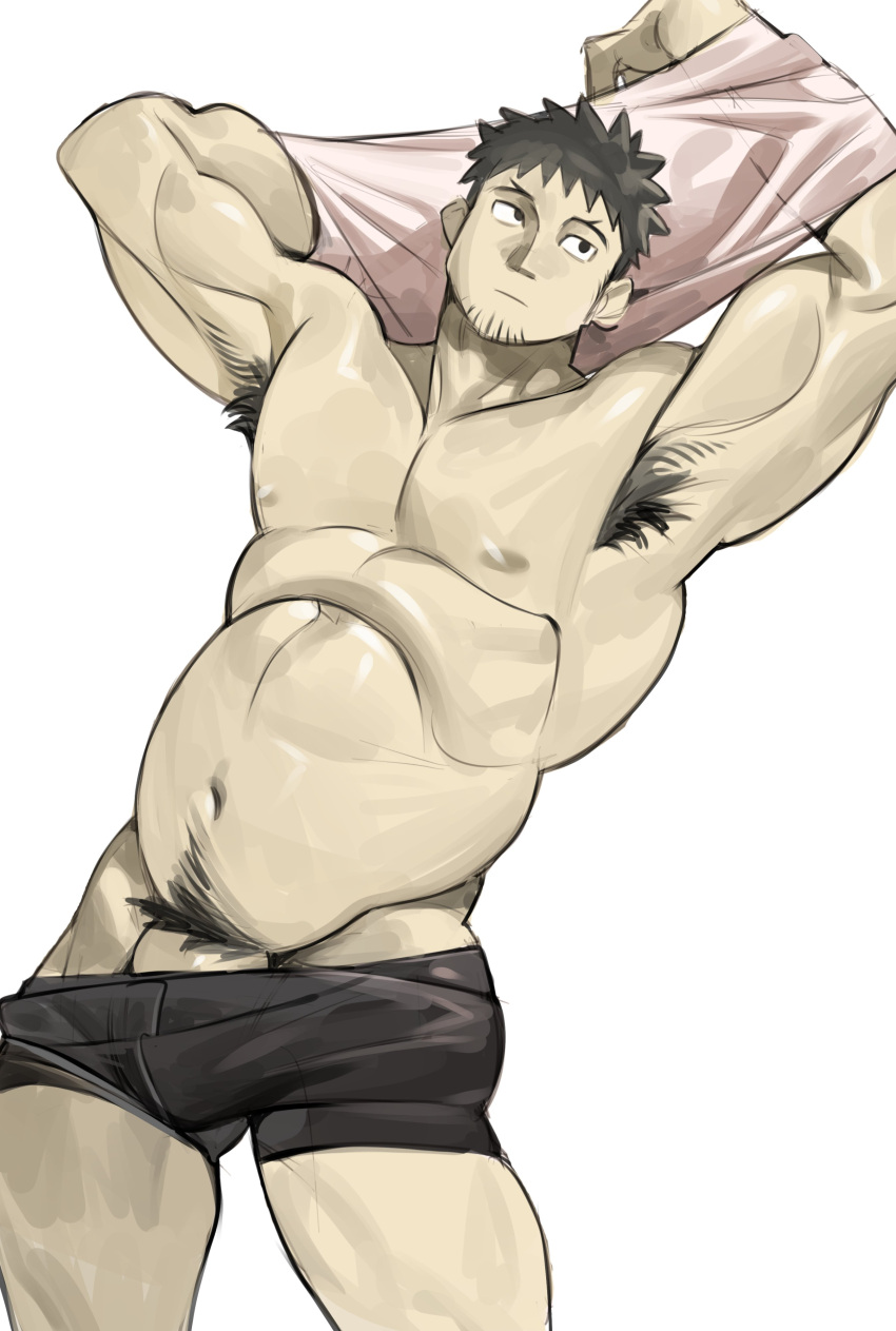 1boy abs absurdres armpit_hair armpits bara belly black_hair boxers bulge cowboy_shot expressionless facial_hair goatee_stubble hibino_kafka highres kaijuu_no._8 large_pectorals looking_to_the_side male_focus male_underwear muscular muscular_male navel navel_hair nipples pectorals penis penis_peek plump sanpaku short_hair solo standing stomach stubble topless_male underwear undressing uza_(hellme)