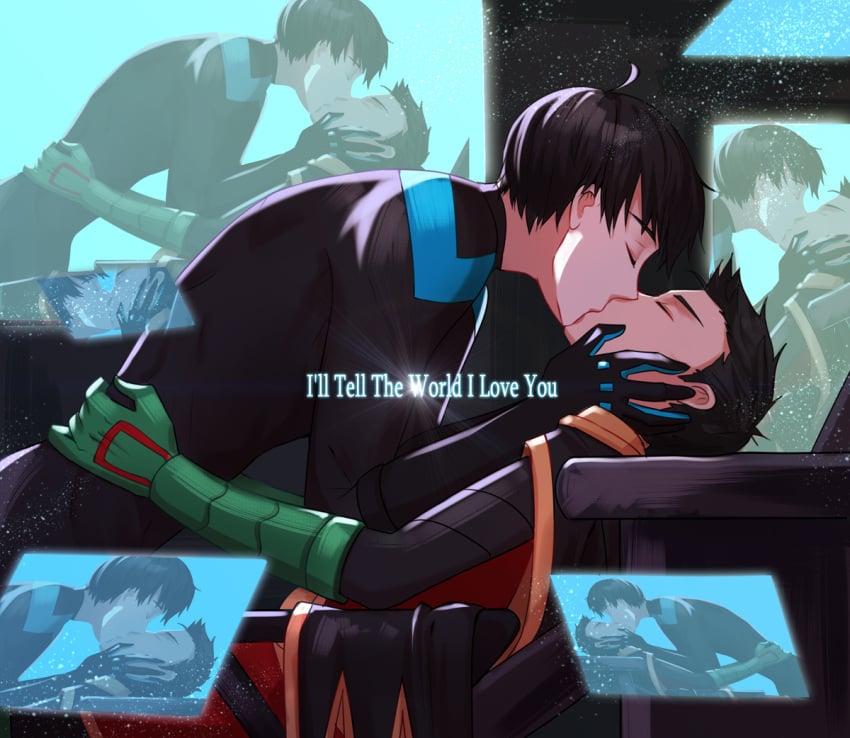 2boys age_difference batman_(series) chain247 closed_eyes damian_wayne dc dc_comics dick_grayson english_text gay gay_kissing gloves hand_on_face hand_on_waist kissing making_out male male/male male_only nightwing robin_(damian_wayne) robin_(dc) yaoi