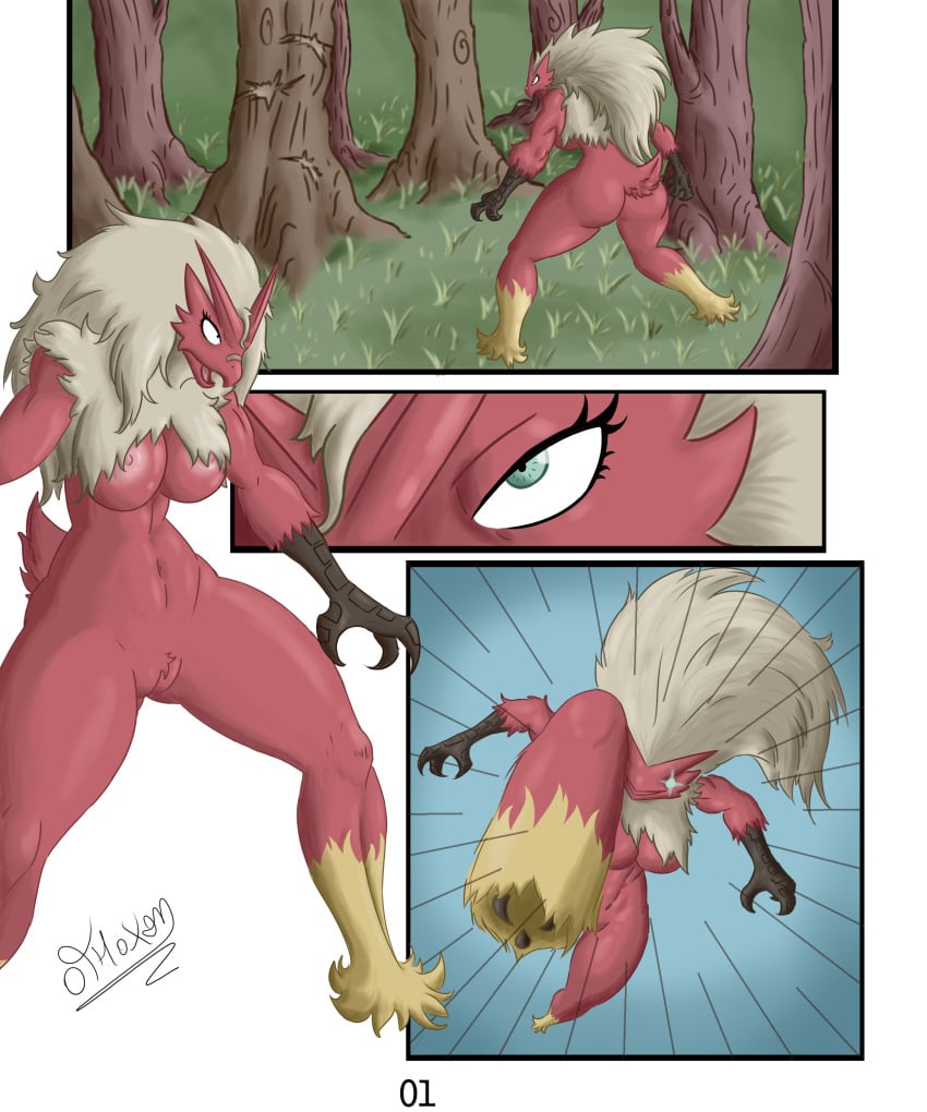 absurd_res anthro ass beak big_breasts big_butt blaziken breasts comic digital_media_(artwork) feathers female generation_3_pokemon genitals grass green_eyes hi_res kick nintendo nipples nude othoxon plant pokemon pokemon_(species) pussy red_body red_feathers semi-anthro solo tail tail_feathers tree