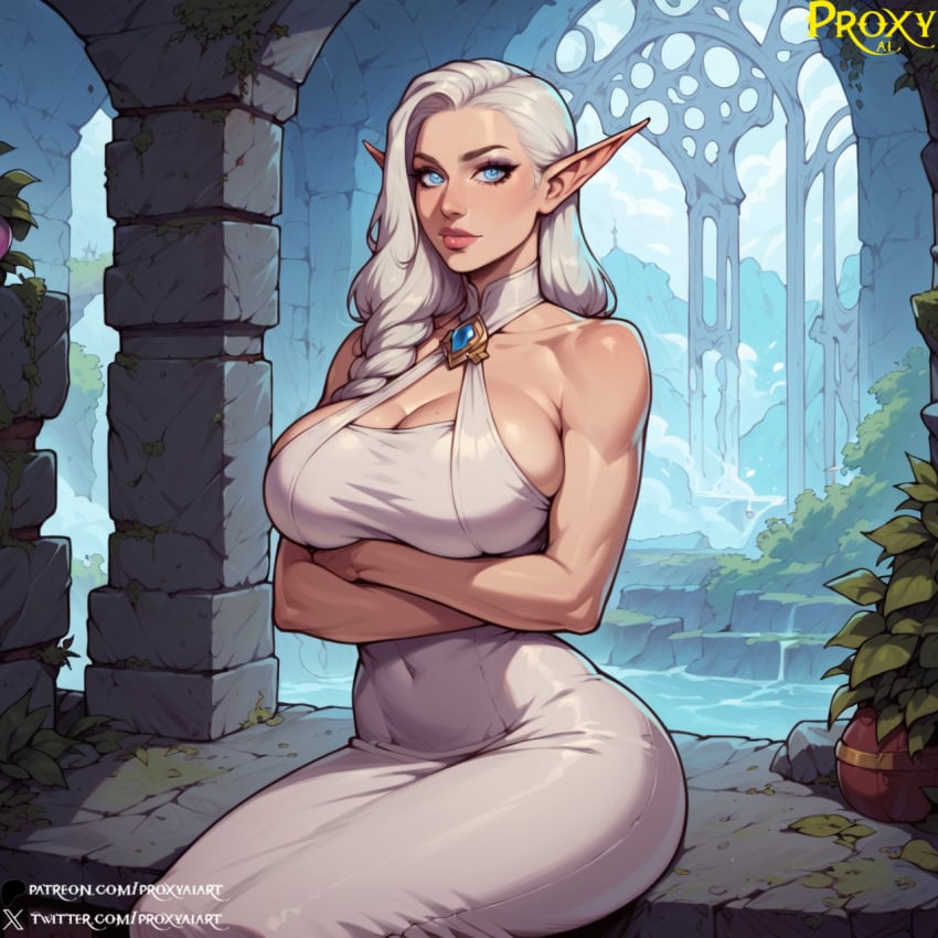 ai_generated ass big_breasts bimbo blue_eyes cleavage curvaceous curvy cute dress elf elf_ears elf_female fantasy female female_only large_ass large_breasts light-skinned_female light_skin moon moonlight pale-skinned_female pale_skin partially_clothed pool proxyaiart solo vaeri white_dress white_hair