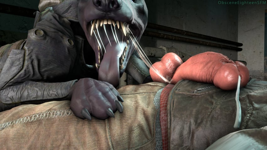 3d_(artwork) armor big_penis bj_blazkowicz black_body black_fur bodily_fluids canid canine canis clothing cum digital_media_(artwork) dobermann domestic_dog duo erection eye_contact fangs feral first_person_view fur gay genital_fluids genitals hi_res huge_cock human human_on_feral interspecies kampfhund looking_at_another lying male male/male male_on_feral male_only mammal obsceneeighteensfm on_back oral penis pinscher saliva signature teeth wolfenstein zoophilia