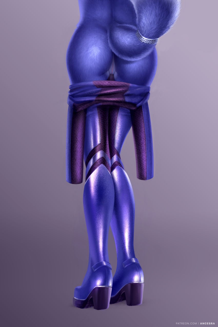 ancesra artist_name ass blue_bodysuit blue_fur body_fur bodysuit bodysuit_pull female fox_girl fox_tail from_behind furry high_heels highres krystal legs_together lower_body no_panties patreon_username purple_background pussy shiny shiny_clothes simple_background solo standing star_fox tail tail_ornament tail_ring uncensored watermark web_address