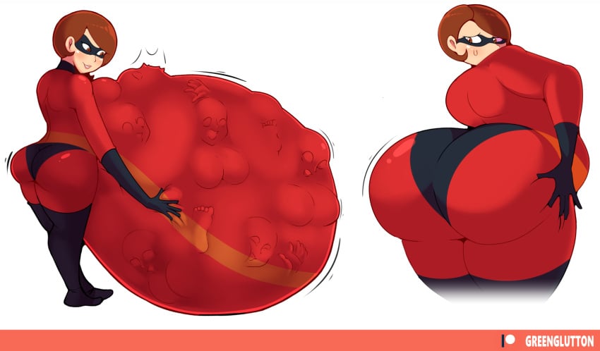 1girls ass ass_growth belly belly_bulge big_ass big_belly brown_hair digestion disney elastigirl female female_pred green_glutton helen_parr huge_ass huge_belly mature_female milf mother pixar post_vore same_size_vore the_incredibles vore