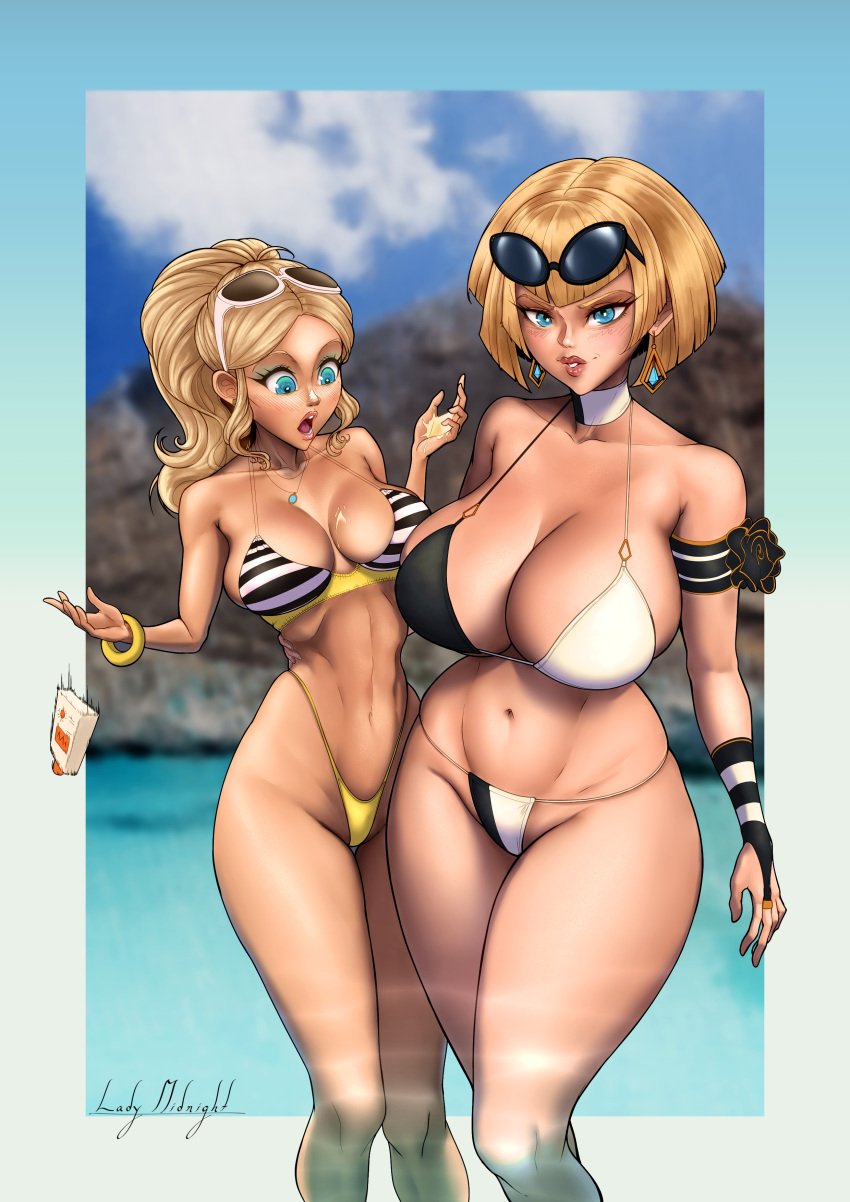 2d 2d_(artwork) 2girls audrey_bourgeois big_breasts bikini blonde_hair breast_size_difference busty chloe_bourgeois curvy curvy_female daughter female female_only huge_breasts ladymidnightshadow large_breasts light-skinned_female light_skin micro_bikini milf miraculous_ladybug mother mother_and_daughter mother_daughter_boob_envy_(meme) multiple_girls sunglasses sunglasses_on_head sunscreen voluptuous young