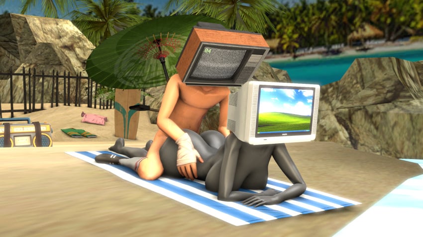 android beach big_ass big_breasts from_behind_position grey_skin nude_female robot_humanoid scout_(team_fortress_2) thick_thighs tv_head