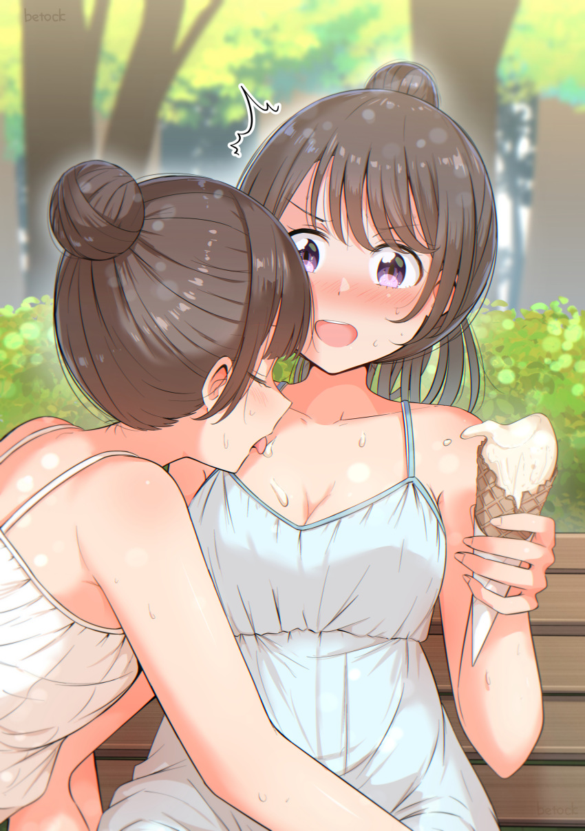 2girls blush brown_hair dress female female_only hair_bun holding_ice_cream human ice_cream ice_cream_on_breasts licking melting original original_character ponytail purple_eyes tongue tongue_out yuri