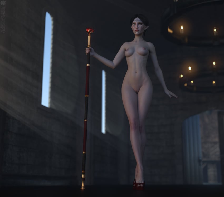 1girls 3d 3d_model absolutely_nothing_on bioware black_hair boots boots_only castle_interior cgi cgi_girl completely_naked completely_naked_female completely_nude completely_nude_female dalish_elf dark_hair day daylight daytime dragon_age dragon_age_2 electronic_arts elf elf_ears elf_female elf_girl green_eyes high_heel_boots high_heels high_heels_only holding_object holding_staff interior interior_background interior_scene interior_view looking_away medium_breasts medium_hair merrill_(dragon_age) naked naked_female nude nude_female round_breasts seductive seductive_look slim slim_female slim_girl staff standing tattoo tattoo_on_face tattooed_face tattooed_female