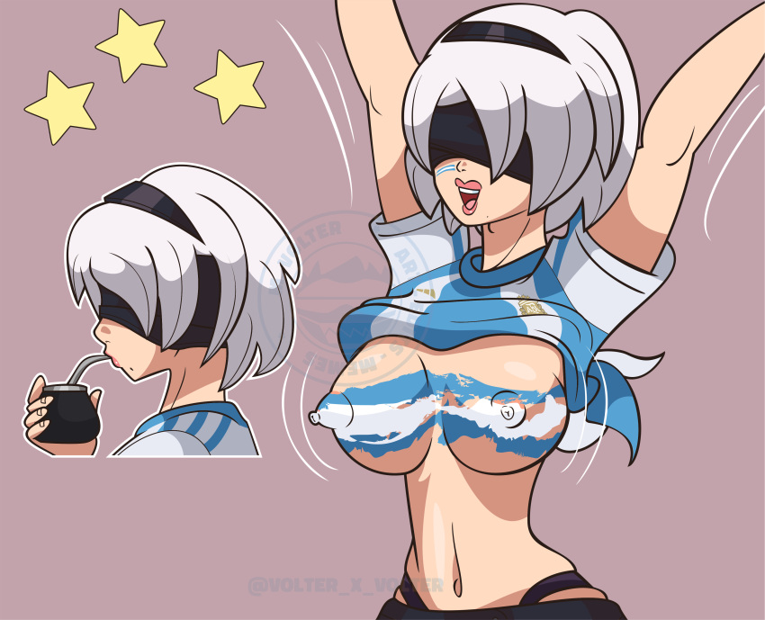 argentina big_breast blindfold breast breasts breasts_out nier nier:_automata nier_(series) nipples open_mouth topless topless_female white_hair yorha_2b