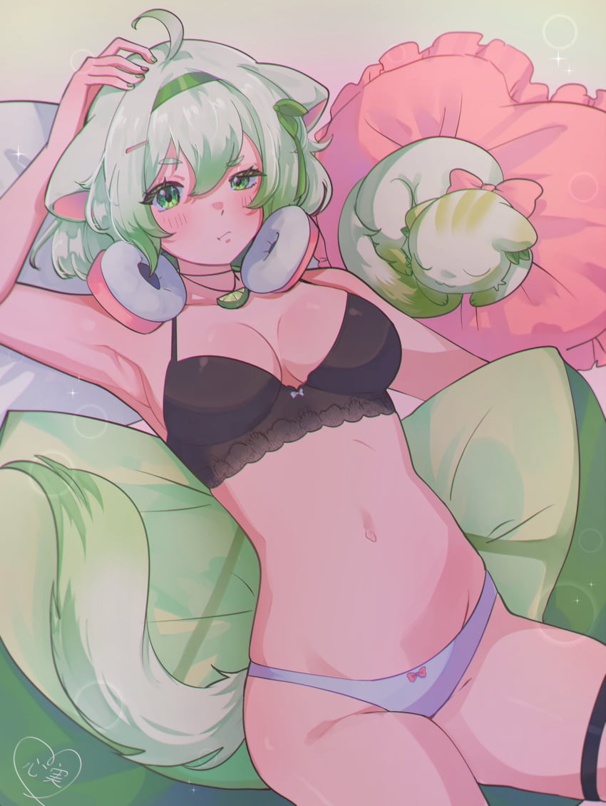 1girls animal_ears arm_up black_bra bra cute ferret ferret_girl green_eyes green_highlights green_nails hand_behind_head headphones headphones_around_neck indie_virtual_youtuber k0k0midess laimu laying_down lime lime_eyes looking_at_viewer panties pillow short_hair solo tail underwear virtual_youtuber vtuber white_hair