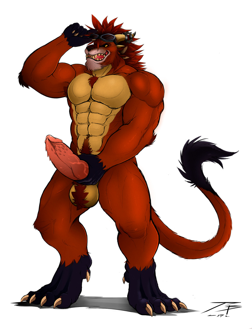 2019 abs amber_eyes anthro armpit_hair ball_tuft balls barbed_penis biceps big_penis charr chest_fur claws eyewear fangs felid fur goggles guild_wars hair hi_res holding_penis horn jrbart male male_only mammal muscular muscular_male nude open_mouth pecs penis pubes quads red_fur red_hair sharp_teeth simple_background solo standing tail_tuft teeth toe_claws triceps tuft vein veiny_penis video_games white_background