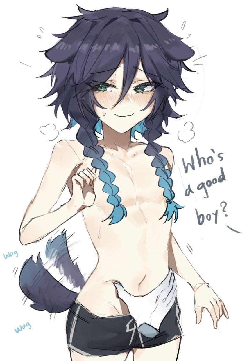 1boy blue_hair blush blushing braided_hair disembodied_hand dog_boy dog_ears english_text femboy genshin_impact green_eyes motion_lines nabibutter petting praise shorts slim_waist solo sweat venti_(genshin_impact) wagging_tail