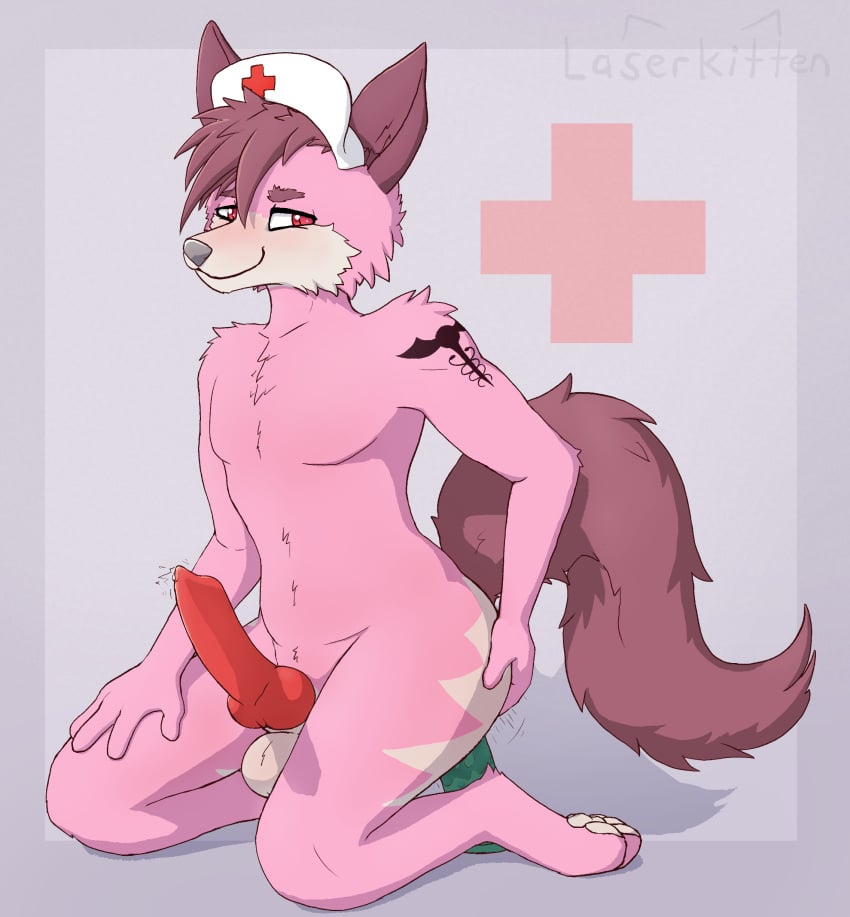 absurd_res anal animal_genitalia animal_penis anthro ass balls butt_grab canid canine canine_genitalia canine_penis clothing dildo genitals hand_on_butt headgear headwear hi_res kneeling knot laserkitten looking_at_viewer male mammal nurse_clothing nurse_headwear penis pink_body red_cross red_eyes rex_(rexthenurse) riding_dildo sex_toy solo