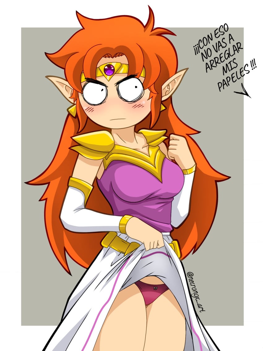 angry_face blush blush_lines dress_lift female female_only la_leyenda_de_melda long_dress long_hair panties pointy_ears princesa_melda red_hair simple_background spanish_text the_legend_of_zelda vete_a_la_versh white_skin youtube_hispanic