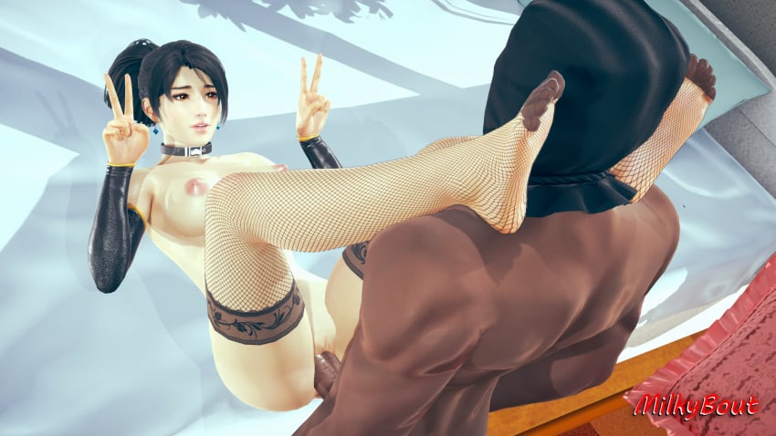 1boy 1girls 3d areolae bed black_hair breasts collar dark-skinned_male dark_skin dead_or_alive dead_or_alive_5 double_v feet_on_shoulders feet_up fishnet_legwear fishnets honey_select honey_select_2 interracial milkybout momiji_(ninja_gaiden) muscular muscular_male ninja_gaiden nipples ponytail v