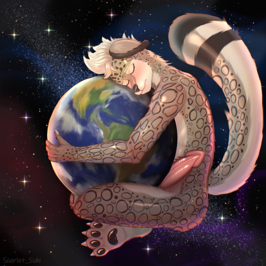 2024 anthro ass blush closed_eyes cosmos digital_media_(artwork) earth feet felid fur genitals hair hi_res hug hugging_object leopard macro male mammal nude pantherine paws peaceful penis planet scarlet_side simple_background sky smile snow_leopard solo space spiked_penis spikes spikes_(anatomy) star tail toes white_body white_hair