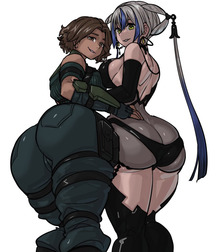 2girls ass ass_focus breast_press brown_eyes brown_hair masha_(xenoblade) milf monica_(xenoblade) monica_vandham shosho_oekaki white_hair xenoblade_(series) xenoblade_chronicles_3 yellow_eyes