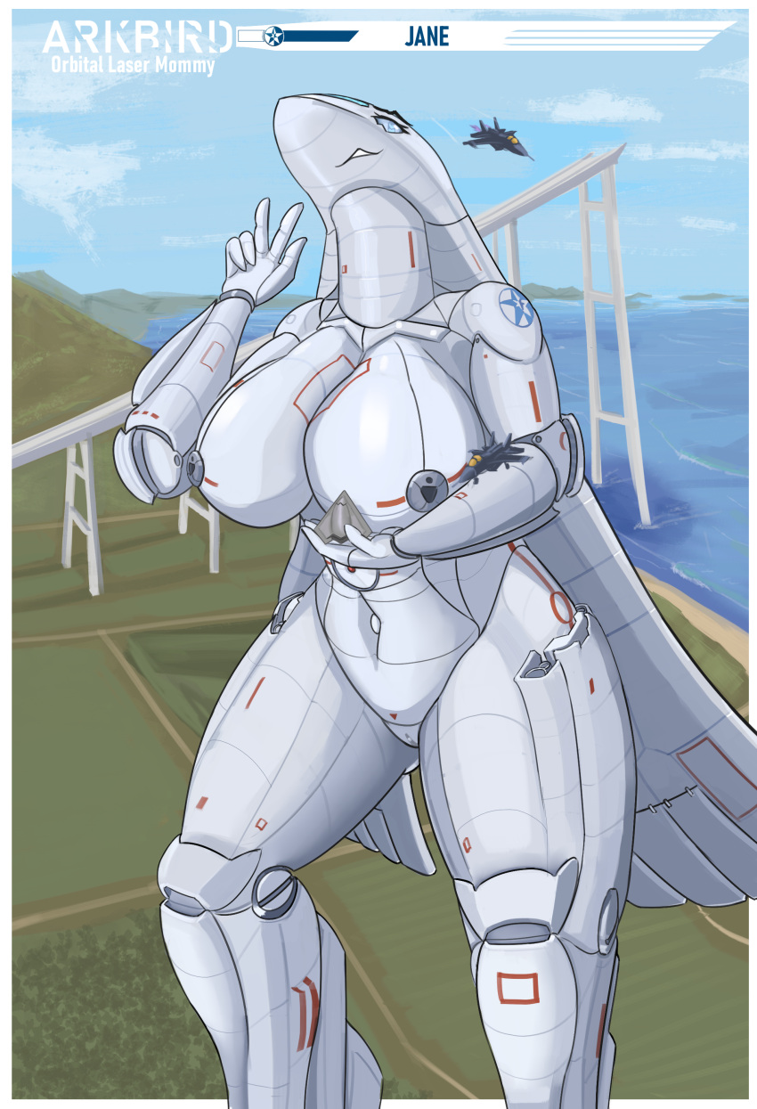 absurd_res ace_combat aeromorph aircraft arkbird big_breasts blue_eyes breasts female gesture hand_gesture hi_res holding_object killka living_aircraft living_machine living_vehicle machine nude outside smile spacecraft v_sign vehicle white_body wide_hips