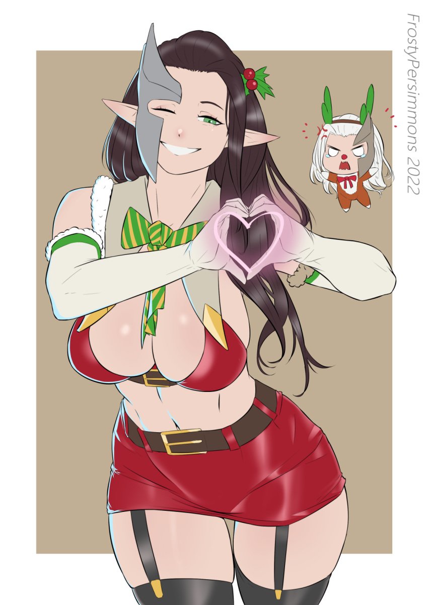 arahan belt belt_buckle big_breasts black_hair bowtie breasts christmas christmas_clothing christmas_outfit elf elf_ears elf_female elf_girl frostypersimmons green_eyes heart heart_symbol long_ears midriff mistletoe naestra one_eye_closed pointy_ears red_clothing reindeer reindeer_costume skirt smile smiling total_war:_warhammer warhammer_(franchise) warhammer_fantasy white_hair wink winking wood_elf