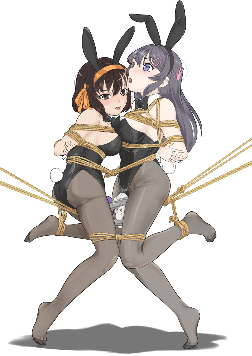 2girls absurdres animal_ears arms_behind_back black_neckwear blush bondage bound bound_together breasts bunny_ears bunny_hair_ornament bunny_tail bunnysuit crossover crying detached_collar femsub forced_orgasm hair_between_eyes hair_ornament highleg highres hitachi_magic_wand ivanfx large_breasts long_hair looking_at_viewer medium_breasts multiple_girls multiple_subs no_shoes open_mouth orange_ribbon pantyhose restrained ribbon rope sakurajima_mai seishun_buta_yarou_wa_bunny_girl_senpai_no_yume_wo_minai shadow short_hair sideboob suzumiya_haruhi suzumiya_haruhi_no_yuuutsu tail tied_up tongue tongue_out trait_connection vibrator white_background wide-eyed