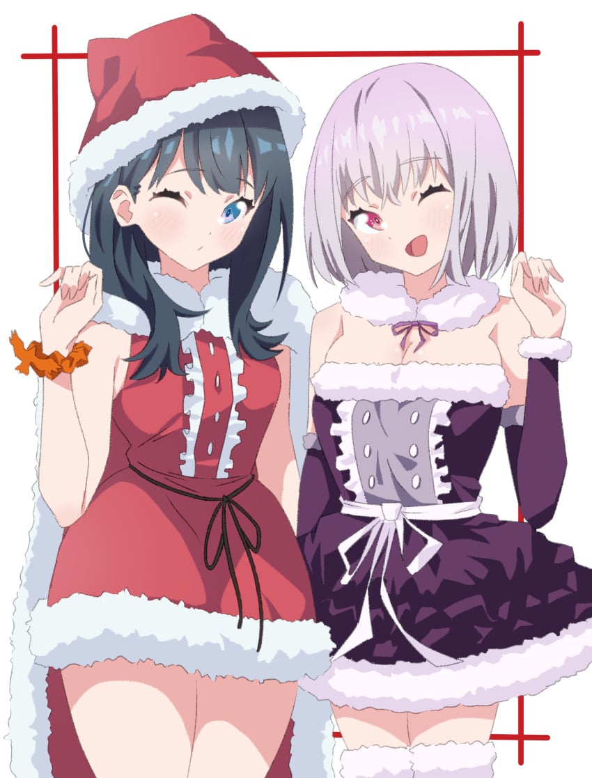 2022 2girls absurdres arm_up bare_shoulder bare_shoulders bewitching_thighs big_breasts blue_hair blue_hair_female blush blush blushing_at_viewer blushing_female bolo_tie breasts breasts busty busty_female cape christmas christmas_hat cleavage cleavage_dress closed_hand closed_hands closed_mouth curvaceous curvaceous_female curvy curvy_female curvy_figure curvy_hips curvy_thighs cute_expression cute_face cute_female detached_sleeves duo_female duo_focus fat_thighs female females females_only frills frilly_dress frilly_skirt girls girls_only gridman_universe hand_up highres holidays looking_at_viewer no_sex open_mouth posing posing_for_picture posing_for_the_viewer purple_dress purple_hair purple_hair_female purple_ribbon purple_skirt red_and_white red_cape red_dress red_eyes red_skirt santa_costume santa_dress santa_girl sexy sexy_dress sexy_santa shinjou_akane simple_background sleeves ssss.gridman staring_at_viewer takarada_rikka thick_legs thick_thighs white_background wink winking_at_viewer winking_eye young_female