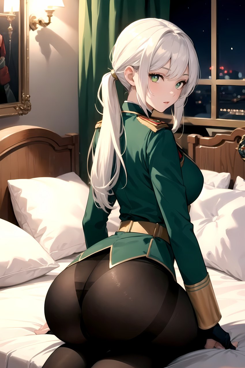 ai_generated ass ass_bigger_than_breasts ass_bigger_than_head ass_focus big_ass black_panties black_pantyhose female female_only green_eyes green_uniform huge_ass massive_ass military_jacket military_uniform pale-skinned_female pale_skin panties_under_pantyhose round_ass shiny_clothes thick_ass thick_thighs uniform white_hair white_hair_female wide_hips