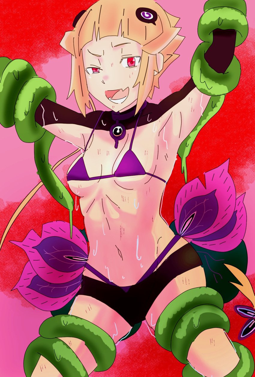 1girls armpits belly belly_button bikini blonde_hair capella_emerada_lugunica collar detached_sleeves female purple_bikini re:zero_kara_hajimeru_isekai_seikatsu red_eyes spread_legs spreading sweat sweating tagme tentacle tentacles