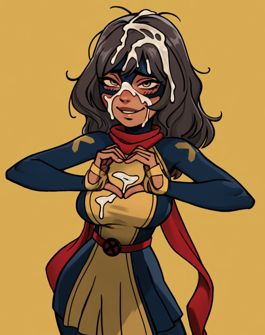 ai_generated blush blush_lines blushing brown_eyes brown_hair brown_skin brown_skinned_female costume covered_in_cum cum cum_on_breasts cum_on_clothes cum_on_clothing cum_on_face cum_on_hair kamala_khan marvel marvel_comics messy_hair ms._marvel ms._marvel_(kamala_khan) muslim muslim_female pakistani pakistani_female superhero superheroine