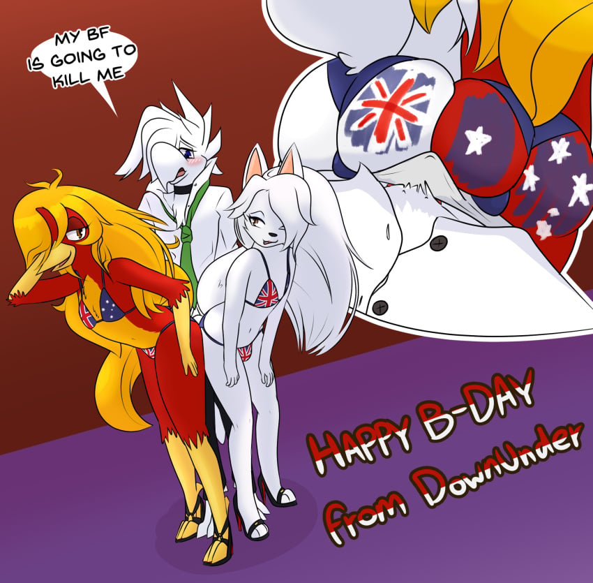 3boys anthro ass ass_against_crotch australian_flag australian_flag_bikini avian beak between_butts big_ass bikini bird birthday blush body_paint bulge butt_focus canid canine canis chrysolophus clothing collar domestic_dog dress_shirt erection_under_clothes eyeliner feathers femboy femboy_on_male flag_bikini footwear fur galliform glori_gamebird golden_pheasant group hair hi_res high_heels long_hair long_tail makeup male male/male male_only mammal matachu matachu_(character) multiple_boys mythological_avian mythological_bird mythological_creature mythological_firebird mythology necktie nordic_sled_dog phasianid phoenix pov_crotch red_body red_feathers samoyed shirt spitz swimwear tail teasing threesome topwear two-piece_swimsuit unzipped unzipped_pants white_body white_feathers white_fire_(character) white_fur yaoi yellow_beak yellow_body yellow_feathers zipper