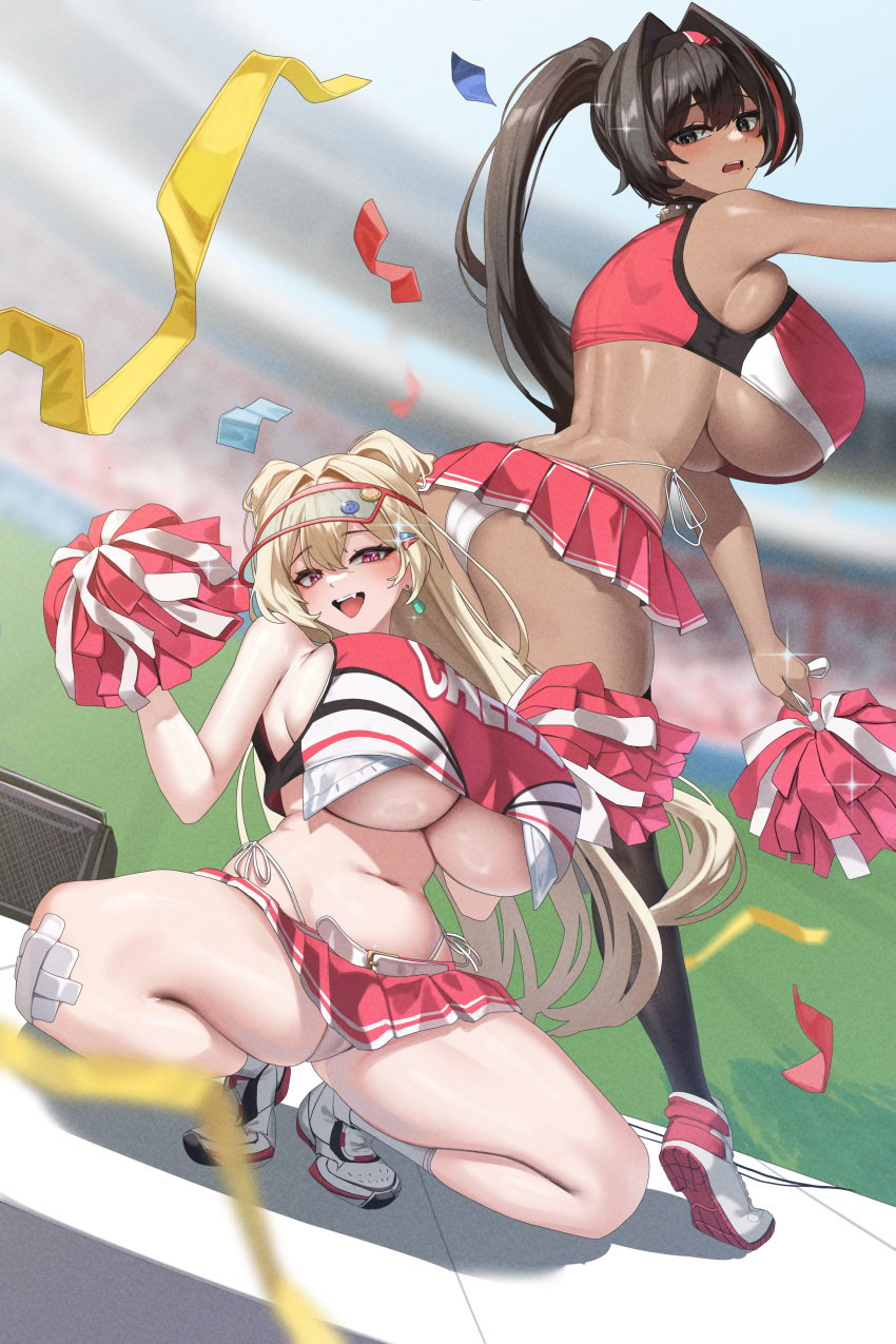 2girls absurd_res arena ass back bandage bandaged_leg bare_shoulders bay_(nikke) black_eyes black_hair black_legwear blonde_hair blurry_background blush breasts cap cheerleader choker clay_(nikke) confetti crop_top dark-skinned_female dark_skin female_only from_behind goddess_of_victory:_nikke hair_ornament headwear highleg highleg_panties holding_object huge_breasts light-skinned_female light_skin looking_at_viewer looking_back miniskirt mole mole_under_eye mole_under_mouth navel no_bra open_mouth panties pantyshot pink_shirt pleated_skirt pom_poms ponytail purple_eyes red_hair sharp_teeth side-tie_panties simsim_han-u skindentation skirt_skirt smile speaker sport squatting stomach streaked_hair teeth thighhighs tongue twintails underboob underwear visor_cap white_panties