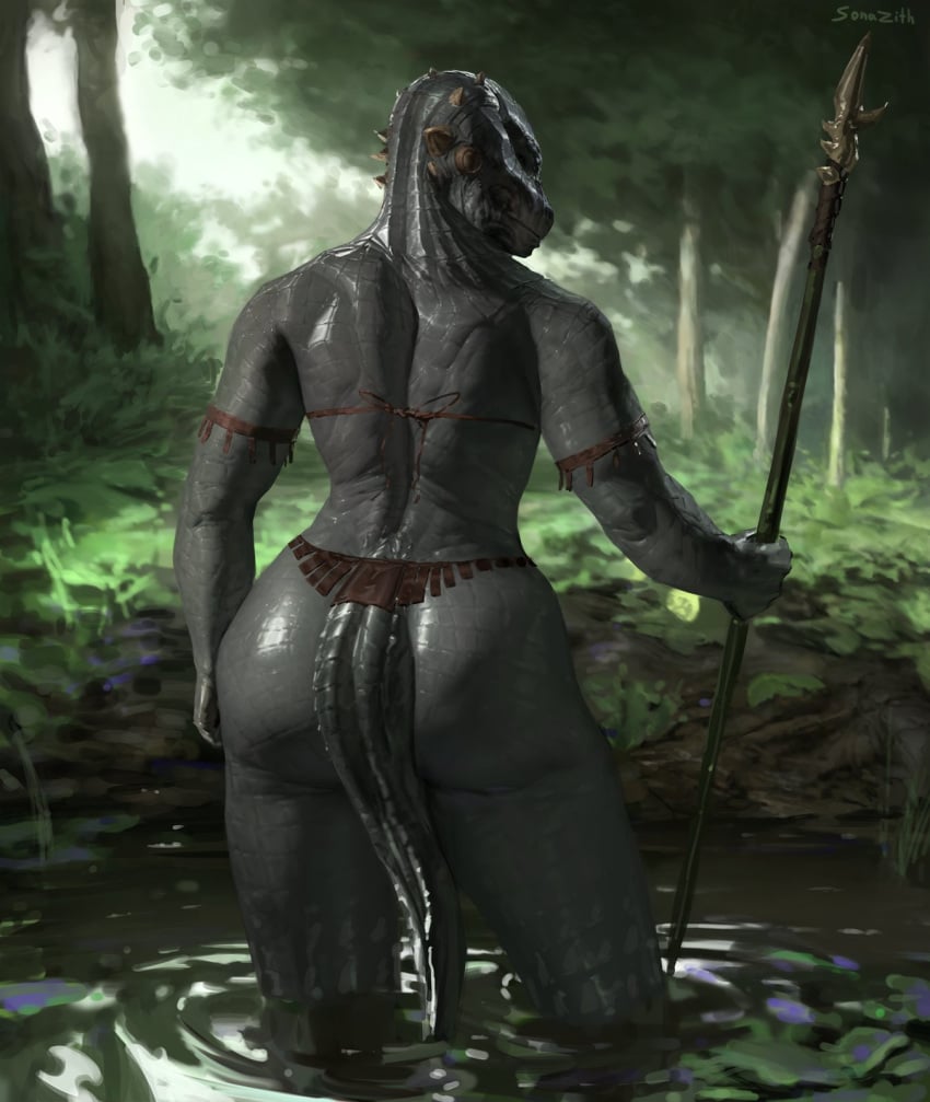 alternate_version_at_source alternate_version_available argonian argonian_female artistic_nude artistic_nudity ass ass_focus bottom_heavy bubble_ass bubble_butt digital_painting_(artwork) female_focus female_only large_ass lizard_girl lizard_humanoid looking_at_viewer looking_back non-human nonsexual nonsexual_nudity pinup scalie scalie_female skyrim solo_female solo_focus sonazith spear the_elder_scrolls