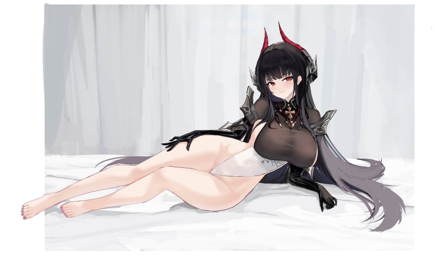 1girls absurdres alvitr_(azur_lane) armlet ass_visible_through_thighs azur_lane bare_legs barefoot black_collar black_gloves black_hair blunt_bangs breasts closed_mouth collar covered_navel elbow_gloves feet female full_body gloves gradient_horns hair_horns hand_on_own_thigh highleg highleg_leotard highres horn_ornament horns iron_blood_(azur_lane) large_breasts legs leotard light-skinned_female light_skin long_hair looking_at_viewer lying multicolored_horns nail_polish on_side red_eyes sideboob smile solo suo_bu_ye_feng taut_leotard thick_thighs thigh_gap thighs toenail_polish toenails toes two-tone_leotard very_long_hair